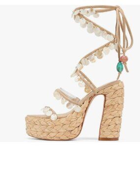 FYS Beige Strappy Platform Sandal Chunky High Heels Lace Up Shell Decorated Shoe